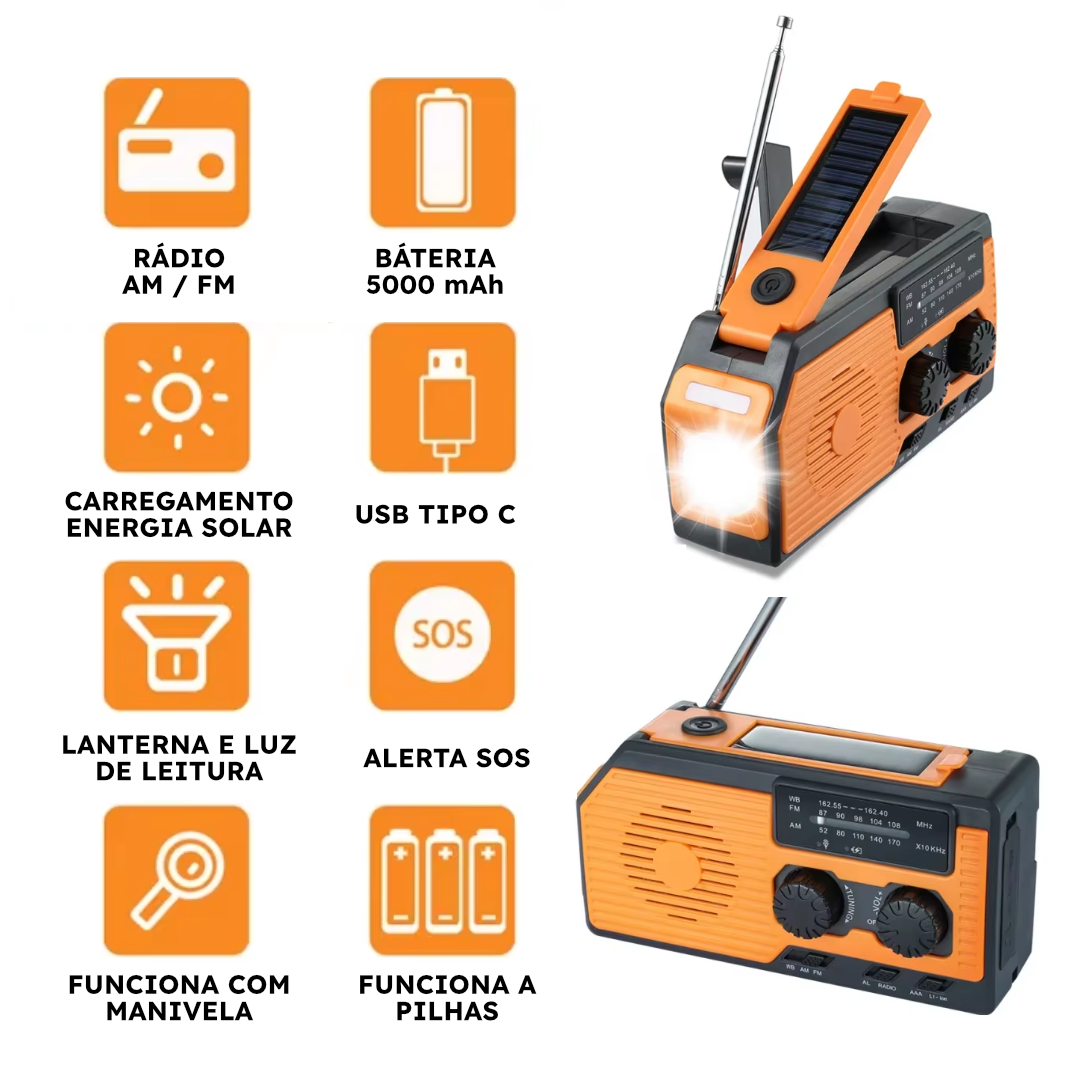 PowerSafe Rádio 3 em 1 – Solar, Lanterna e Power Bank