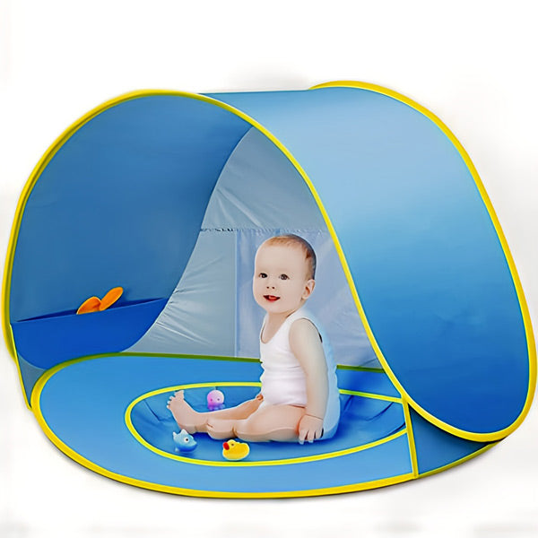 Uma tenda para crianças com protecção UV e uma piscina
