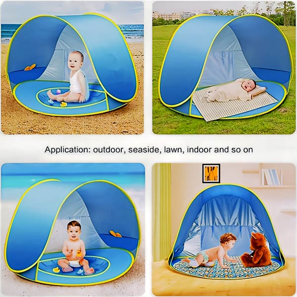 Uma tenda para crianças com protecção UV e uma piscina