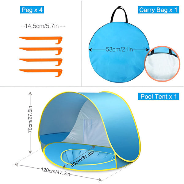 Uma tenda para crianças com protecção UV e uma piscina