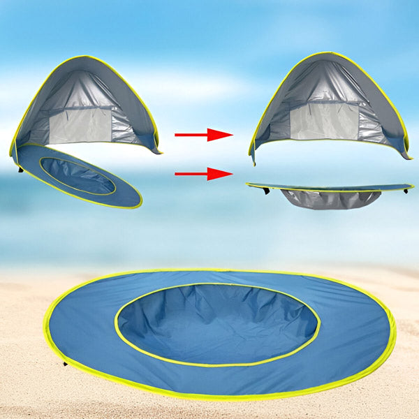 Uma tenda para crianças com protecção UV e uma piscina